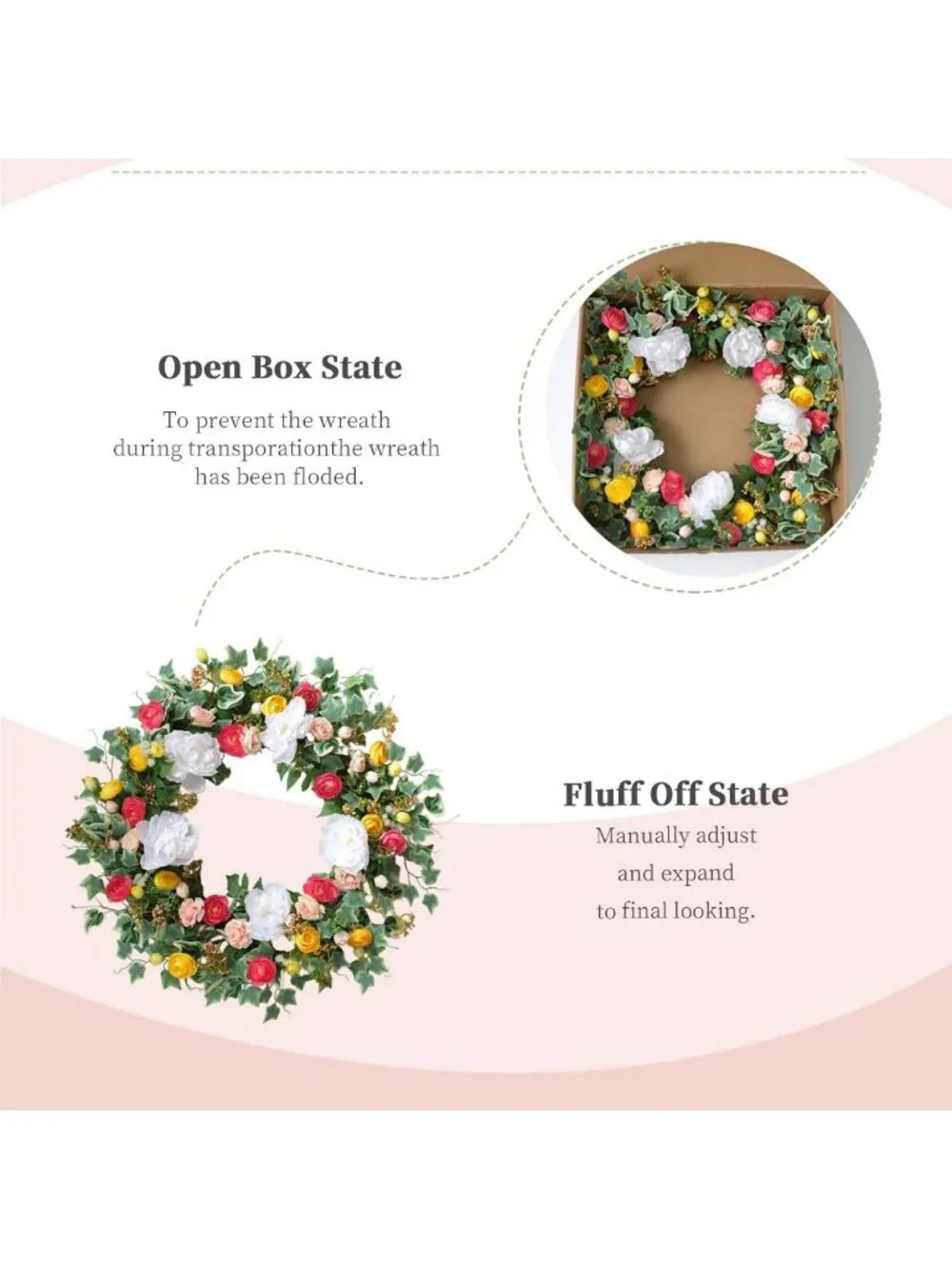 24-Inch Summer Floral Wreath - Artificial Peony & Rose, Colorful Green Leaves